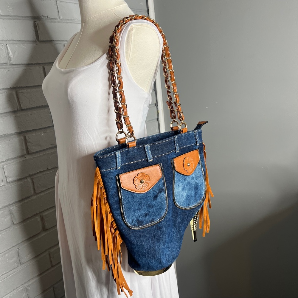 Denim & Fringe Stiletto Heel with Rhinestones Women's Handbag - Picture 3 of 16